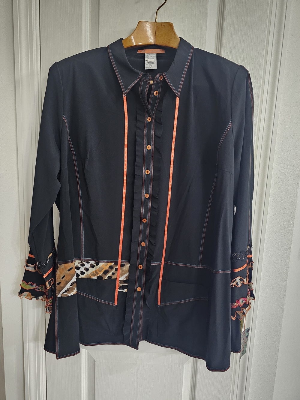 Black Button-Down Shirt with Orange Trim and Animal-Print Accents